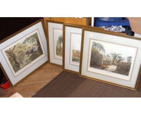 Set of four coloured antique hunting prints "A Tiger Prowling Through a Village"