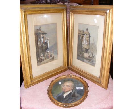 Watercolour portrait, together with a pair of continental watercolours