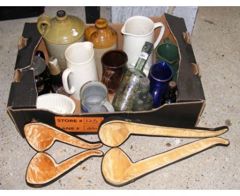 Sundry collectables, including Isle of Wight stoneware flagons and bottles, Meerschaum pipe cases, etc.
