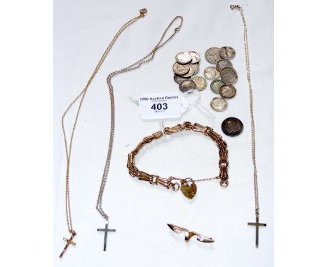 A 9ct gold gate bracelet, brooch, silver coinage