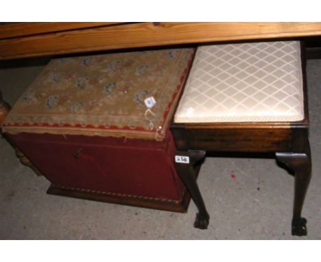A Victorian storage box/stool with embroidered top, together with a piano stool