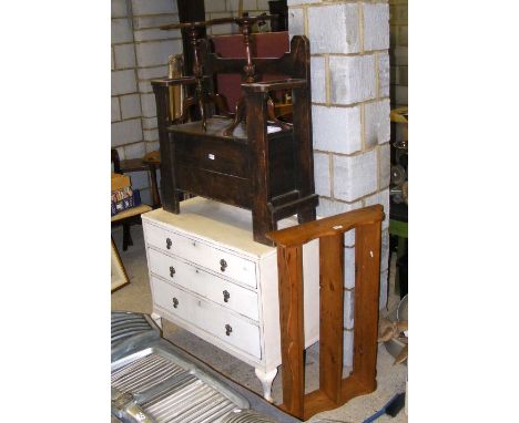 Painted pine chest, oak hall seat, wall shelf, together with a pair of wine tables