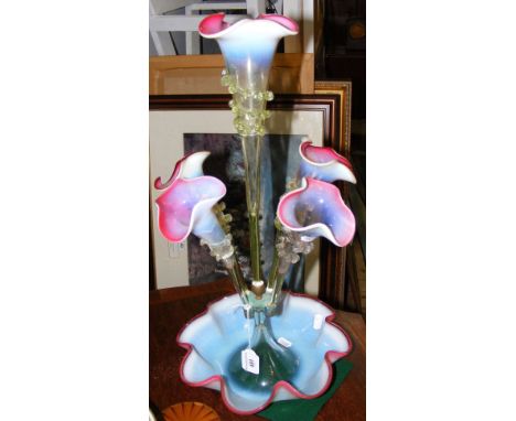 A Victorian cranberry and Vaseline glass epergne - 50cm high
