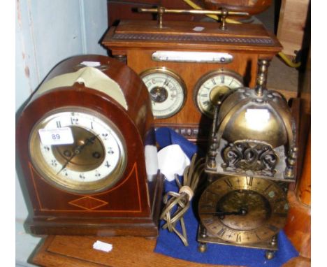 Oak cased clock barometer set, together with a mantel clock and reproduction lantern clock