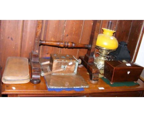 Victorian mahogany tea caddy, together with oil lamp, copper, etc.