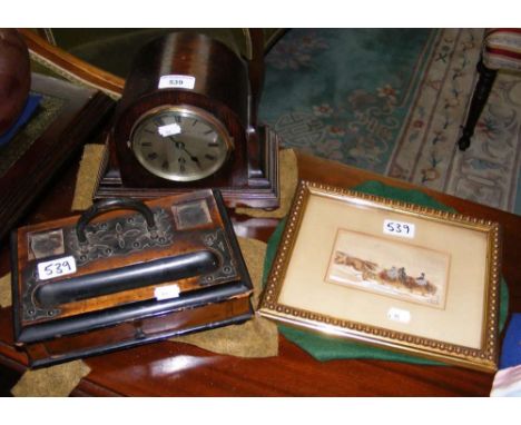 An oak cased mantel clock by Goldsmiths & Silversmiths Co., London, together with a desk tidy and a picture