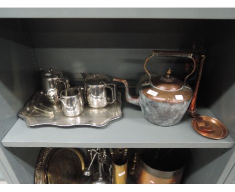 A selection of fire side items including stove kettle and swan tea set