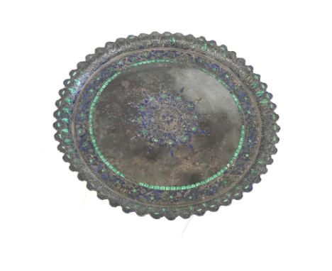 Antique silver and enamel Indian tray, no hallmarks visable, tested as silver, with later soldered fittings to base, measures