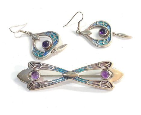 Silver and enamel amethyst set earrings and brooch 