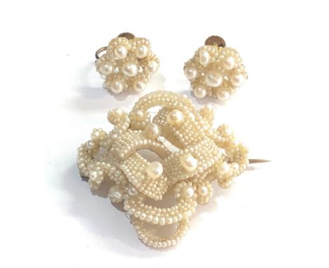 Antique pearl brooch and earring set brooch measures approx 4cm by 3.7cm some pearl loss as shown 