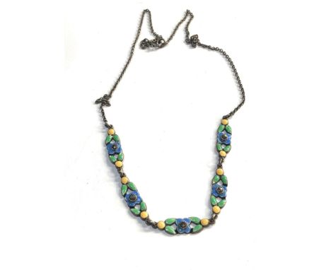 Antique silver and enamel necklace hallmarked sterling on clasp probably Bernard Instone small chip to 1 panel 