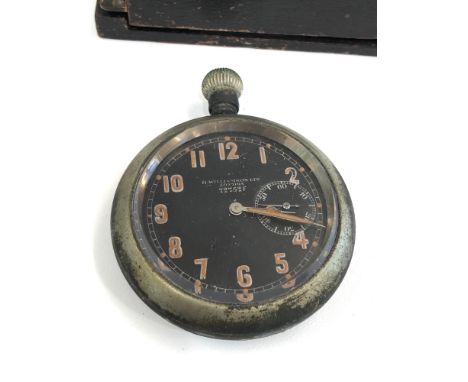 Cased H Williamson Ltd London, Military pocket watch does not wind ticks when shaken broad arrow mark 72752f on back of case 