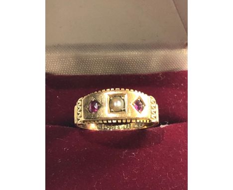 Antique 15ct gold ruby and seed-pearl ring 
