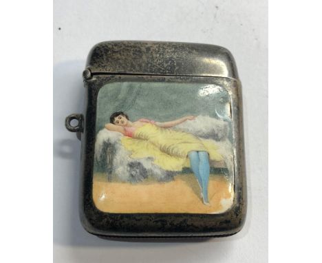 Antique silver and enamel picture vesta case Birmingham silver hallmarks,&nbsp;as per the image there is damage to the enamel