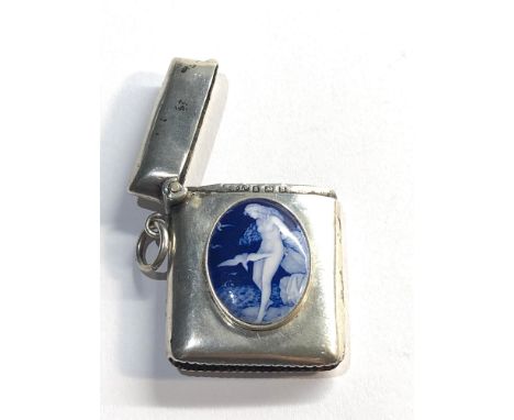 Antique silver vesta case blue enamel nude scene insert Birmingham silver hallmarks,&nbsp;the enamel looks to be in good over
