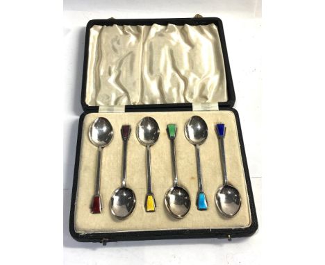 Set of 6 boxed silver and enamel tea spoons Birmingham silver hallmarks 