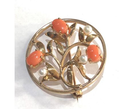 Vintage 9ct gold coral and pearl brooch measures approx 31mm da 