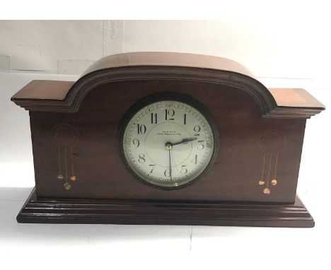 Antique art nouveau mahogany arts and crafts inlaid mantle clock by Kemp brothers Bristol french cylinder movement 