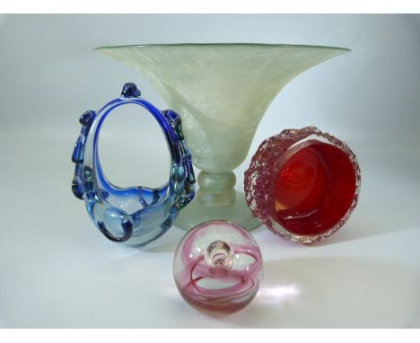 Large Art Glass centre bowl, White Friars 'Bark effect' ashtray and a Caithness 'Whirlind' Paperweight. 