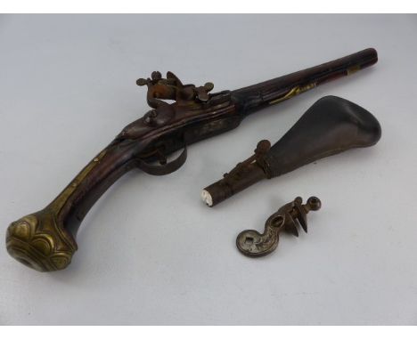 Continental Flintlock pistol with leather black powder flask and spare flintlock mechanism