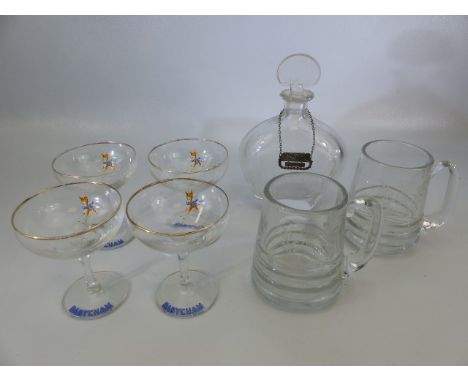 Two antique glass half pint tankards with etched Royal mark to front. Along with an Orrefors decanter marked G.P.D to front w