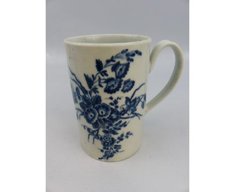 19th century Early Worcester blue tankard with loop handle decorated in dark transfer underglaze blue. Half moon transfer mar