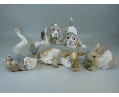 Selection of Lladro animals to include Rabbits, Dogs, Cows