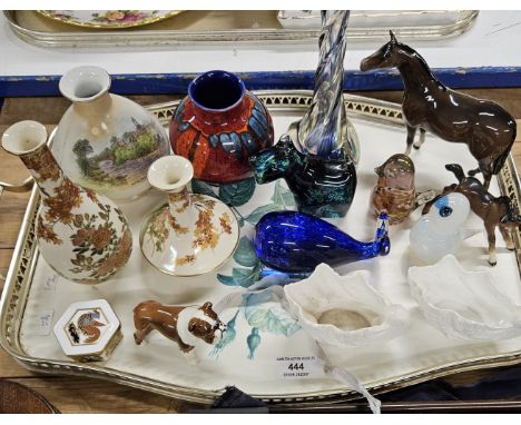 TRAY COMPRISING BESWICK BULL DOG ORNAMENT, ROYAL CROWN DERBY LIDDED PIN DISH, 2 SATSUMA STYLE VASES, SHELLEY VASE, POOLE VASE