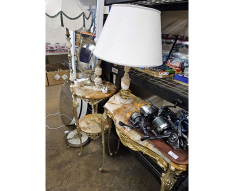 2 PIECE ONYX AND BRASS FRAMED TABLE SET, BRASS SWIVEL MIRROR, 2 ONYX STYLE LAMPS, ONYX STANDARD LAMP &amp; SHADE, BRASS WALL 