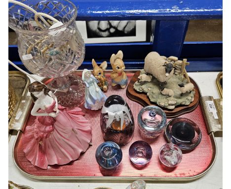 CUT CRYSTAL LAMP, 2 PENDELFIN RABBIT ORNAMENTS, BORDER FINE ART EWE WITH LAMBS ORNAMENT, 2 COALPORT FIGURINES, 6 COLOUR GLASS