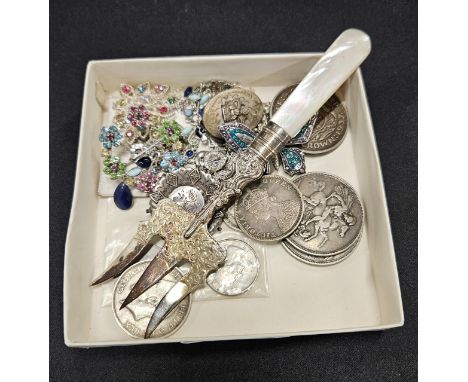 3 SILVER CROWNS 2 ARE VICTORIAN, SILVER BROOCH, VARIOUS COSTUME BROOCHES, SILVER COIN BROOCH, BIRMINGHAM SILVER WITH MOTHER O
