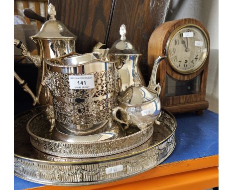 QUANTITY OF EP TEA WARE, GALLERY TRAYS, OAK MANTLE CLOCK