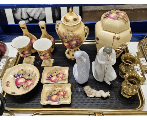 TRAY CONTAINING 11 PIECES OF AINSLEY FRUIT PATTERNED WARE, PAIR OF BENARES BRASS VASES, 3 PIECE LLADRO NATIVITY SET