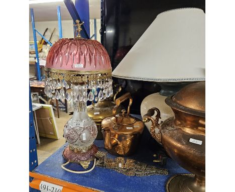 CUT GLASS &amp; RUBY GLASS LAMP WITH SHADE AND DROPS, BRASS SPIRIT KETTLE AND LARGE COPPERIZED DOUBLE HANDLED URN, EP LADIES 