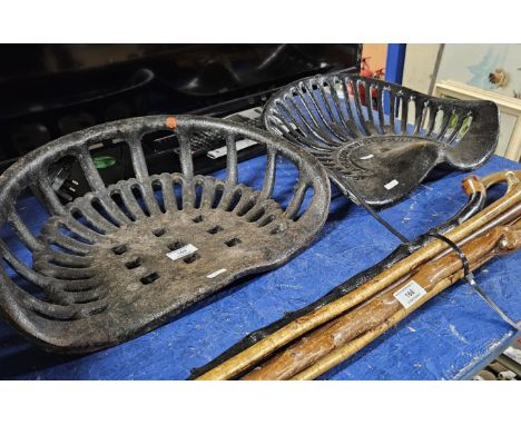 2 OLD AGRICULTURAL TRACTOR SEATS, ONE STAMPED HARRISON McGREGOR &amp; CO