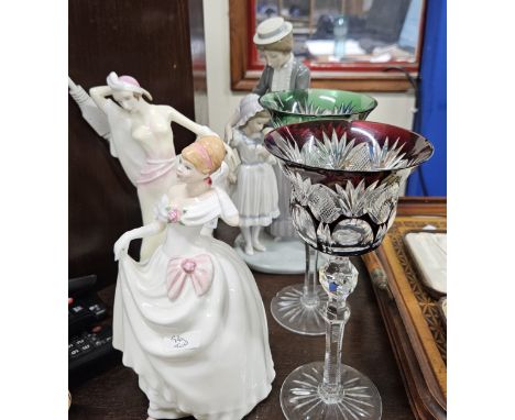 LLADRO FIGURINE ORNAMENT, 2 ROYAL DOULTON FIGURINE ORNAMENTS, STEMMED BOHEMIAN STYLE COLOURED CUT CRYSTAL GLASSES