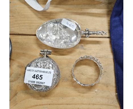 CHESTER SILVER CADDY SPOON IN A DUTCH STYLE, SILVER PEAR STYLE POCKET WATCH CASE, SILVER NAPKIN RING
