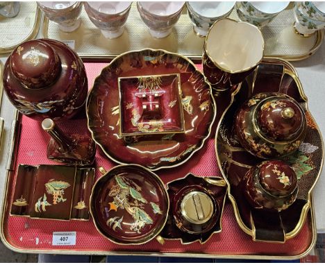 TRAY WITH QUANTITY OF CARLTON WARE, ROUGE ROYALE, DISHES, GINGER JAR, TABLE LIGHTER ETC