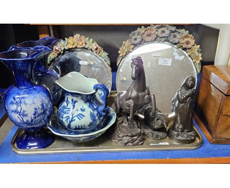 TRAY CONTAINING 2 BARBOLA MIRRORS, 2 BLUE &amp; WHITE MINIATURE BASIN &amp; EWER, 3 BRONZE STYLE ORNAMENTS, GIRL, RAM &amp; S