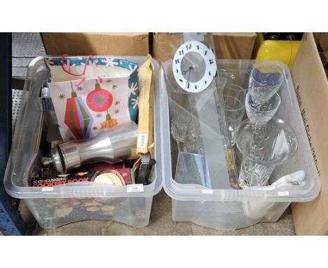 2 BOXES CONTAINING VARIOUS CUT GLASS WARE, MODERN CLOCK, LLADRO STYLE FIGURINE, PEWTER DECANTER, CAMERA, VARIOUS PHOTOGRAPHY 