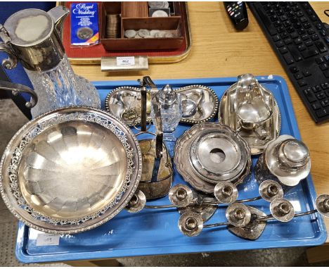 TRAY WITH EP MOUNTED CLARET JUG , EP COMPORT, PAIR OF EP 4 POINT CANDLESTICKS, EP TEA CADDY, EP SAUCE BOAT ETC