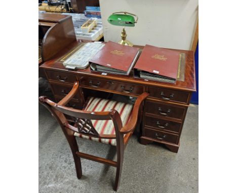 MAHOGANY FINISHED DOUBLE PEDESTAL LEATHER TOPPED WRITING DESK WITH ARMCHAIR TO MATCH,  GREEN SHADE DESK LAMP