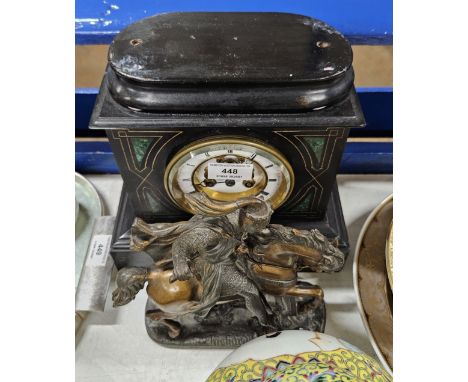 SLATE MANTLE CLOCK, SPELTER KNIGHT FIGURE
