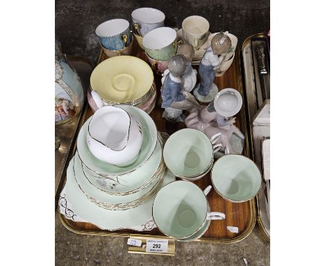TRAY CONTAINING QUANTITY OF TEA WARE, TUSCAN TEA WARE &amp; ROYAL ALBERT TEA WARE, 2 NAO FIGURINES &amp; LLADRO FIGURINE, PAR