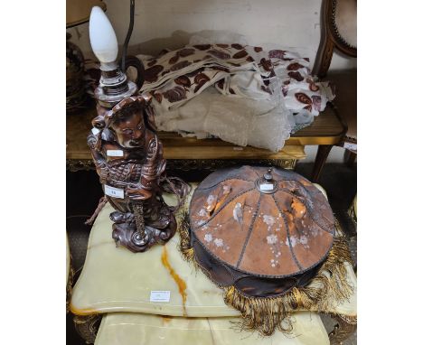 CHINESE WOODEN CARVED CHARACTER TABLE LAMP &amp; SHADE     