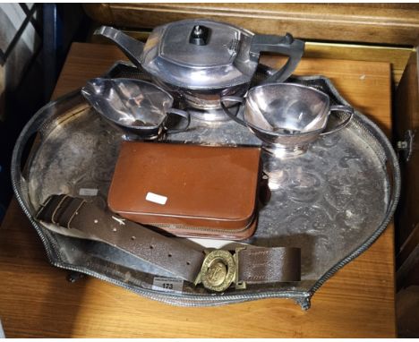 EP GALLERY TRAY, 3 PIECE EP TEA SERVICE, GENTLEMAN'S BRUSH SET, BOYS BRIGADE BRASS AND LEATHER BELT