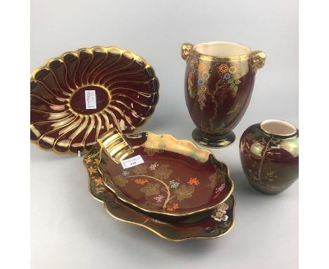 LOT OF CARLTON WARE ROUGE ROYAL CERAMICS, along with two Crown Devon vases, the largest 19.5cm high