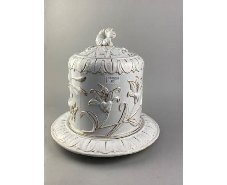 VICTORIAN CERAMIC STILTON CHEESE DISH AND COVER, with gilt decoration, 33cm high