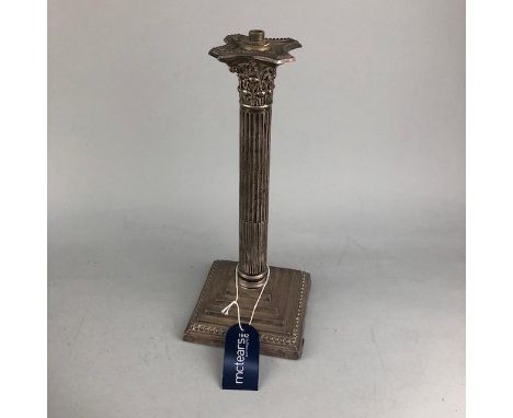 SILVER CORINTHIAN PILLAR CANDLESTICK, converted for electricity, 30cm high