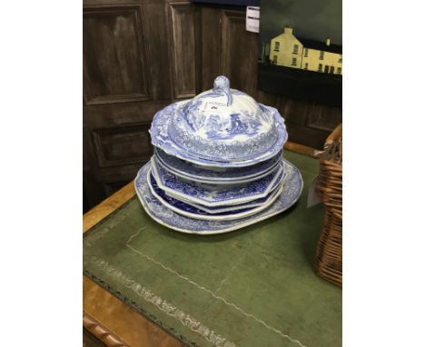 BLUE AND WHITE LIDDED TUREEN, decorated with classical scenes, 25cm wide, along with other blue and white ceramic ware includ